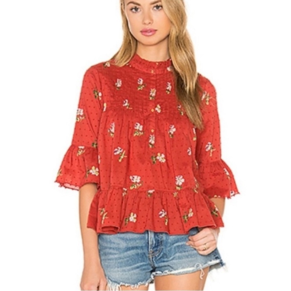 Ulla Johnson Red Floral Charlotte Blouse Top